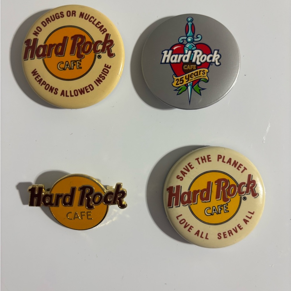 Hard Rock Cafe pins, lot of 4. One is 25th anniversary